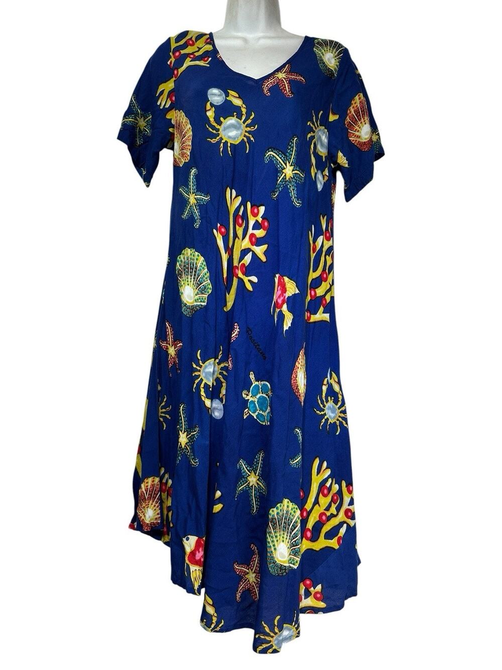 Positano By Jean Paul Blue Tropical Seashell Maxi Dress S/M Beach Coastal